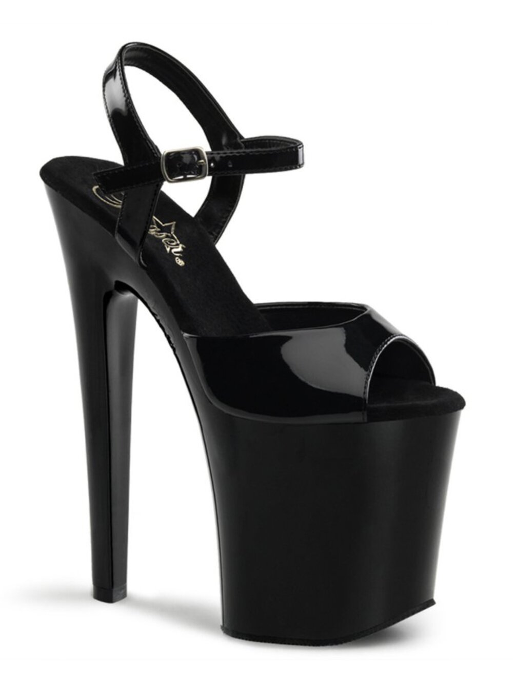 Pleaser Xtreme-809 8" Heel, 4" Platform Black Patent Platform Ankle Strap Sandal - Picture 1 of 5